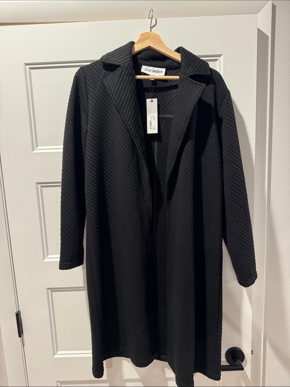 Steve Madden Black Ribbed Open-Front Trench Coat
